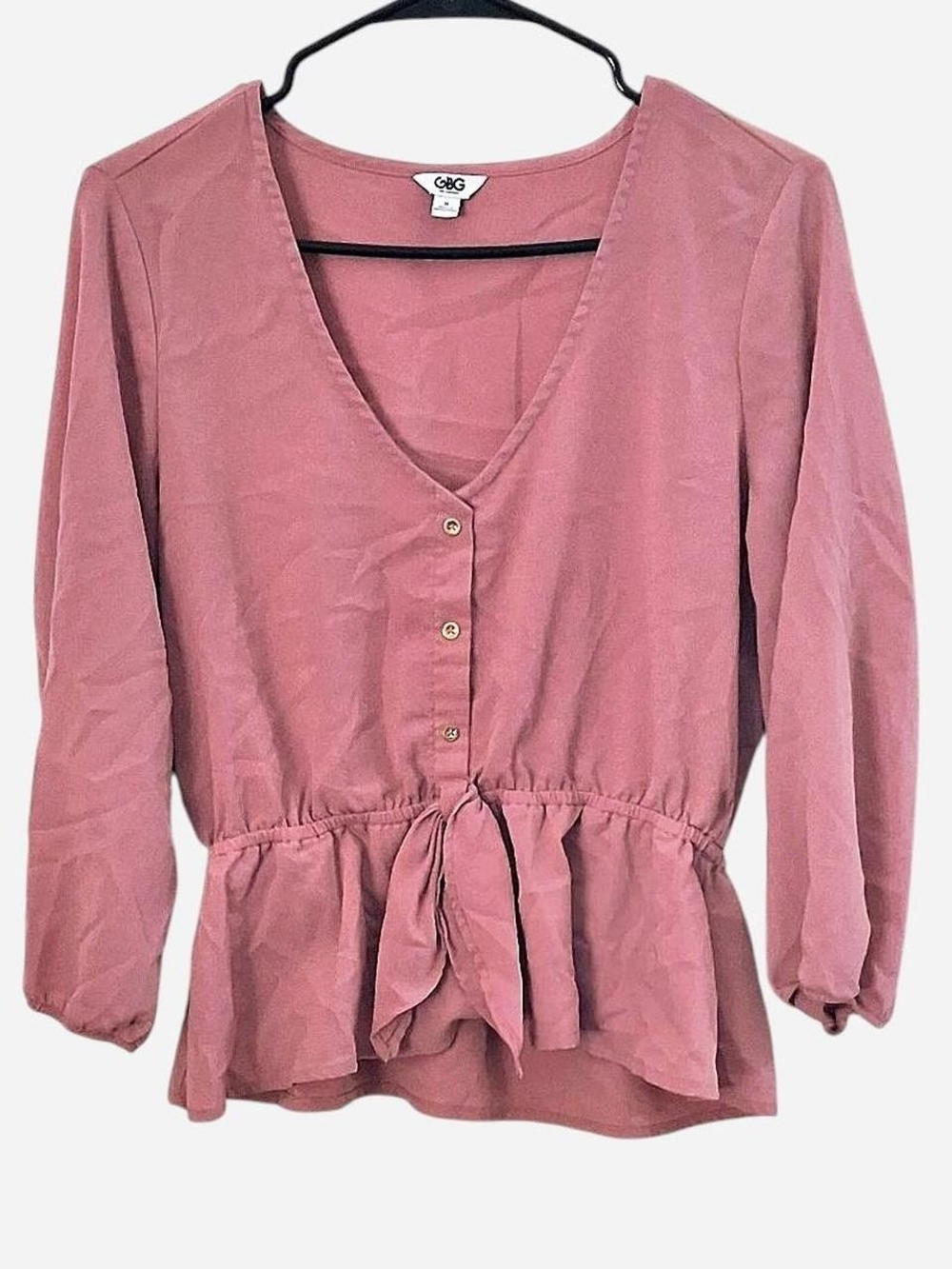 GBG Los Angeles Dusty Rose Button-Front Tie-Waist Peplum Blouse
